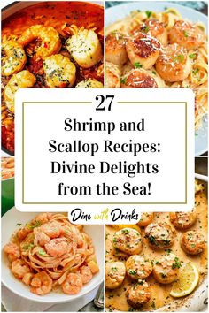 Collage of 4 shrimp and scallop recipes. Sea Scallops And Shrimp Recipes, Shrimp And Bay Scallop Recipes, Shrimp Scallops Recipes, Recipes With Shrimp And Scallops, Baked Scallops And Shrimp Recipe, Shrimp And Scallops Recipe, Shrimp Scallop Recipes, Shrimp And Scallop Bake, Keto Scallops Recipes