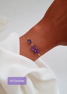 Amethyst Bracelet, February Birthstone Bracelet, Crystal Jewelry, Purple Quartz Bracelet, Amethyst Beaded Bracelet, Amethyst Jewelry, Crystal Healing Bracelet, Birthday Gift For Her, Gift For Mom This is a delicate natural Amethyst nuggets bracelet with crystal links and an 18K gold plated adjustable chain. All of our jewelry is handmade and every stone is handpicked for the best quality. the color and size of each stone are natural, unique, and individual. Our Elegant Amethyst bracelet is great Amethyst Beaded Bracelet, Amethyst Bracelet Beads, Nugget Bracelet, Jewelry Purple, Purple Quartz, Birthstone Bracelet, Crystal Healing Bracelets, Bracelet Crystal, Jewelry Crystal