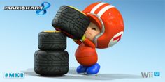 a cartoon character leaning on some tires