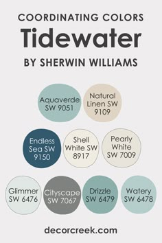 Tidewater SW 6477 Coordinating Colors by Sherwin Williams Tidewater Paint Color, Anchors Aweigh Sherwin Williams, Sw Natural Linen, Sherwin Williams Tidewater, Naval Sw 6244, Aqua Paint Colors, Pure White Sherwin Williams, Sherwin Williams Creamy, Craftsman Home Exterior