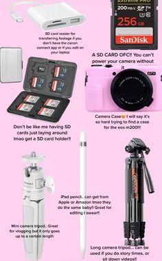 the contents of a camera and its accessories are shown in this image, including a pink background