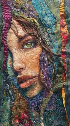 a woman's face is made out of fabric and has many different patterns on it