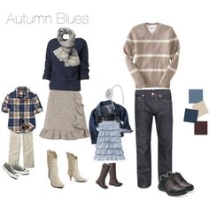 an assortment of clothes and shoes for children with the words autumn blues written below them