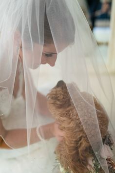 a woman in a wedding dress is holding a teddy bear and veil over her head