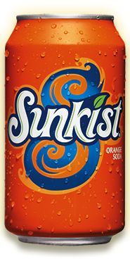 an orange and blue soda can with the word sunkt written in white on it