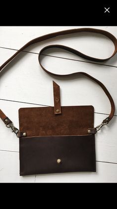 a brown and black purse sitting on top of a wooden floor next to a white wall