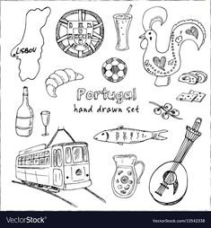 portugal hand drawn set with various symbols and things to see in the country, black and white