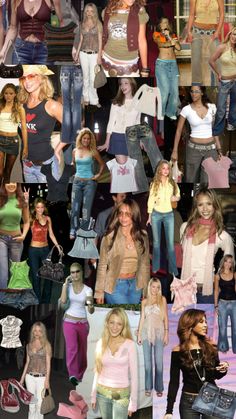 the collage shows many different images of women in jeans and jackets, with one woman wearing