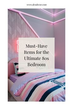 Neon-lit bedroom with a pastel striped bed and geometric wall design, showcasing 80s decor.