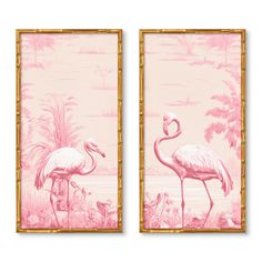 two pink flamingos are standing in front of a wall with palm trees and water