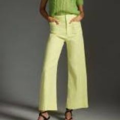 New With Tags Anthropologie Maeve Light Green The Colette Cropped Wide Leg Pants. Cropped With Flare, Our Rave-Reviewed Silhouette Charms With A Form-Fitting High Rise And A Breezy Wide Leg." - Front Patch Pockets - Back Patch Pockets - Cropped Hem - Front Zip Color Is Light Green. Size: 29 Material: Viscose, Linen, Cotton And Elastane Measurement: Waist Area: 14 Inches Rise: 11 Inches Length: 26 Inches (Inseam) 37 Inches Yellow Wide Leg Bottoms For Spring, Yellow High-waisted Pants For Spring, Yellow Pants For Spring Day Out, Chic Yellow Cotton Pants, Chic Yellow Bottoms For Spring, Chic Yellow Spring Bottoms, Yellow High Waist Cotton Wide Leg Pants, Yellow Wide Leg Pants For Spring Workwear, Spring Yellow Wide Leg Pants For Workwear