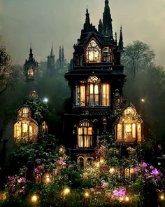 a house with lots of windows and lights in the front yard, surrounded by greenery