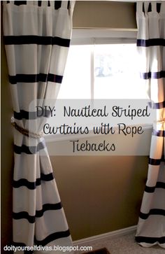 a window with black and white striped curtains in front of it, next to a light that reads diy natural striped curtains with rope tie backs