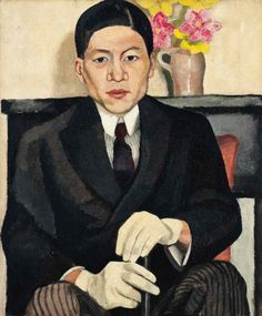 a painting of a man in a suit and tie sitting on a chair next to a vase with flowers