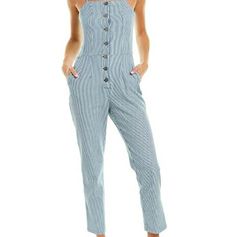 New With Tags Jumpsuit With Blue And With Stripes. It Has Front Buttons, Has Adjustable Shoulder Straps And Has Two Front Pockets. Measurements: Bust Is 15.5 Inches Waist Is 13 Inches Thigh Is 11.5 Inches Inseam Is 27 Inches Hem Is 6.5 Inches Spring Striped Cotton Jumpsuits And Rompers, Striped Cotton Jumpsuits And Rompers For Spring, Striped Jumpsuits And Rompers For Summer Workwear, High Waist Summer Overalls For Workwear, High Waist Summer Workwear Overalls, Summer Denim Jumpsuit For Work, Spring Blue Overalls With Button Closure, Blue Cotton Jumpsuit With Button Closure, Fitted Blue Jumpsuits And Rompers With Button Closure