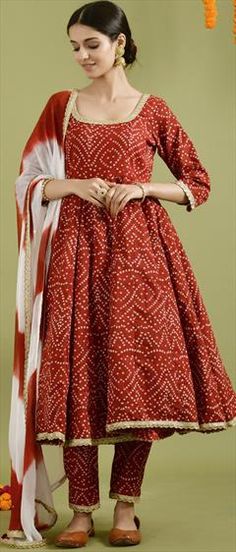 Red and Maroon color Salwar Kameez in Cotton fabric with Bandhej, Printed work Maroon Color, Salwar Kameez, Anarkali, Jaipur, Cotton Fabric, Festival, Red, Fabric, Color