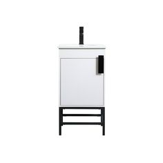 a white cabinet with a black handle on it