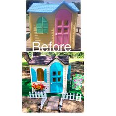 before and after photos of a colorful doll house