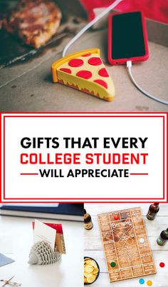 the words gifts that every college student will appreciate are overlaid with images of pizza slices