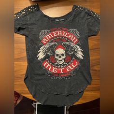 Affliction Holy Diver T-Shirt. Black With Red,White,Grey Rhinestone With Skull Logo. Size Xs. New With Tag. Holy Diver, Long Shirt Tops, Fringe Shirt, Studded Shorts, Women Shirt Top, Skull Logo, Grey Tie, Top Shirt Women, Ladies Tee Shirts