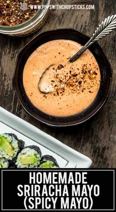 homemade sriracma mayo spicy mayo sauce in a bowl with sushi on the side