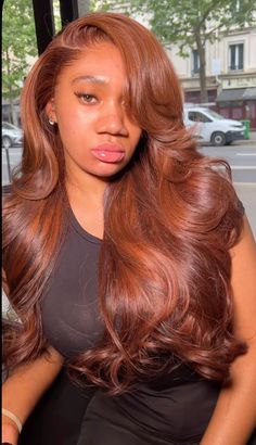 Ginger Hair Side Part, Side Part Wig No Baby Hair, Copper And Auburn Hair, Ginger Leave Out Sew In, Ginger Auburn Hair Black Women, Side Part No Baby Hairs, Reddish Brown Hair Black Women, Layered Hair Ginger, Auburn Wigs For Black Women