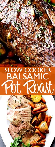 slow cooker balsamic pot roast with carrots and parsley on the side