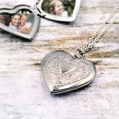 Beautiful sterling silver PLATED heart locket with floral design, vintage style, comes on a silver plated cable chain with your choice of length.  The locket is 925 sterling silver plated over brass as shown in the 3rd photo. The sterling makes this extra special!  YOU CAN HAVE US ADD YOUR FAVORITE PHOTOS FOR YOU!  You can choose the locket not personalized, add an initial or choice of 5 symbols, and/or have us add one or two of your favorite photos.  ***All our designs are created per order, fo Silver Engraved Heart Bracelet For Valentine's Day, Silver Heart Bracelet For Mother's Day, Engraved Heart-shaped Bracelet For Gift, Engraved Heart Shaped Bracelet For Gift, Silver Heart Bracelet For Valentine's Day, Silver Heart Bracelet Gift For Mom, Silver Heart Bracelet As Gift For Mom, Silver Heart Bracelet For Anniversary, Silver Heart-shaped Bracelet As A Gift