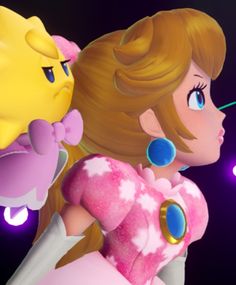 an image of mario and princess peach in the nintendo wii game, with glowing lights behind them