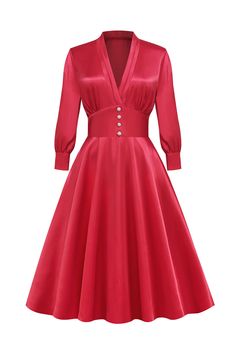 Zapaka Women Red Vintage Dress Retro Style V Neck 1950s Dress with Long Sleeves – ZAPAKA Long Sleeve Vintage Dresses, Vestidos Retro, Vintage Long Dress, Womens Cosplay, Vintage Red Dress, Robes Vintage, Barbie Costume, Carnival Festival, Vestidos Vintage