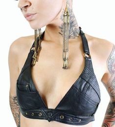 BILLY JEAN Leather Halter Top Bra with Skull Detailing Halter Top Bra, Leather Halter Top, Billy Jean, Harness Fashion, Leather Bra, Best Leather Jackets, Goth Look, Leather Halter, Top Bra