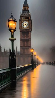 the big ben clock tower towering over the city of london on a foggy day