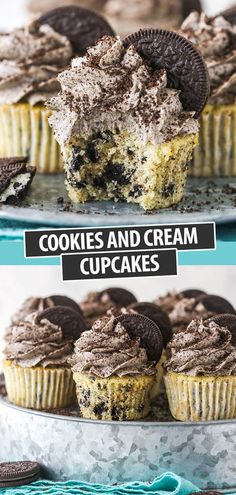 cookies and cream cupcakes with oreo cookies in the middle on a cake platter