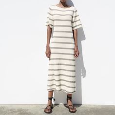 -Size: M -Round Neck Midi Dress With Short Wide Sleeves -Open V Back Casual Cream Zara Maxi Dress, Zara Casual Cream Maxi Dress, Casual Cream Maxi Dress By Zara, Zara Cream Maxi Dress For Day Out, Zara Cream Midi Dress For The Beach, Casual Cream Zara Dress, Zara Casual Neutral Dress, Zara Midi Dress, Zara Mini Dress