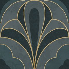 an art deco wallpaper design with gold and grey accents on a black background,