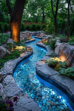 a river runs through the middle of a garden with rocks and plants on both sides