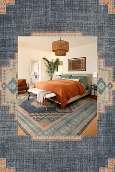 a bed sitting on top of a blue rug in a bedroom