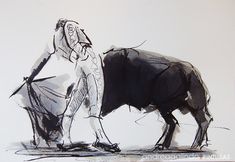 a black and white drawing of a man standing next to a bull