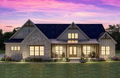 this is an artist's rendering of the front view of a house at dusk