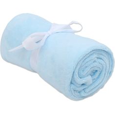 a blue blanket with a white bow on it's end and the top rolled up