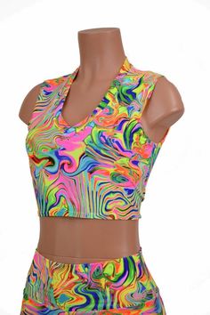 Neon Flux Crop Tank - 156137 Neon Crop Top, 80s Workout, V Neck Crop Top, Fun Clothing, Festival 2023, Rainbow Outfit, Workout Crop Top, Design Clothes, Neck Crop Top