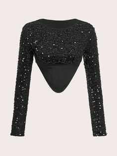 Black Party Collar Long Sleeve Sequins Plain  Embellished High Stretch  Women Clothing Fall Party T-shirt With Sequins, Fitted Crew Neck Crop Top For Party, Stretch Long Sleeve Club Tops, Stretch Long Sleeve Tops For Club, Long Sleeve Stretch Tops For Club, Spring Party Crop Top With Crew Neck, Stretch Long Sleeve Crew Neck Top For Party, Long Sleeve T-shirt For Spring Party, Long Sleeve T-shirt For Fall Party