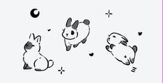 two animals are sitting next to each other on the ground with hearts and stars around them