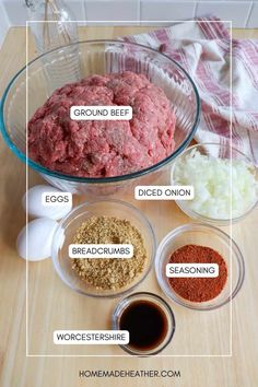 ingredients to make ground beef burgers on a wooden table with text overlay that says ground beef, eggs, breadcrumbs, seasonings, and seasoning