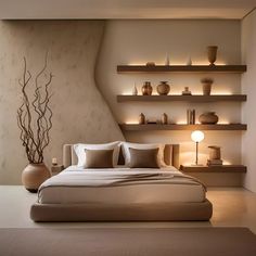 a large bed sitting in a bedroom next to a shelf filled with vases and candles