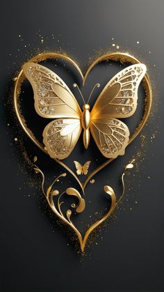 a heart shaped with gold butterflies and swirls in the shape of a heart on a black background