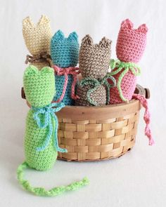 small crocheted stuffed animals in a basket