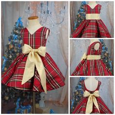 "Taffeta Party Dress in Red Green Black and Gold Plaid for Christmas. Adorable for viewing the Nutcracker Ballet or as Pageant Wear! Plaid Winter Dress is perfect for Christmas Dinner or any Holiday event. The Length used on this Sample is a Short Vintage Length Hand Made in the USA by Me! Custom Made to Measurements Provided MATCHING \"BOYS VEST\" available Listing: https://www.etsy.com/listing/622934029/ ----------------------------------------------------------- Item: Red Plaid Dress Bodice: Plaid Christmas Dress, Horse Hair Braiding, Pageant Wear, Red Plaid Dress, Christmas Wear, Twirl Skirt, Dress Sash, Girls Christmas Dresses, Plaid Bow