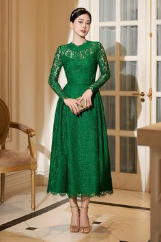 Women's Isadora A-line Long Sleeved Lace Midi Dress S/M/L/XL Dark Green MEAN BLVD