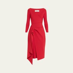 Chiara Boni La Petite Robe "Ellia" dress with gathered pleats and side drape Approx. 44"L from shoulders to hem Raw-edged hem for ease of tailoring Surplice neckline 3/4 sleeves Hem hits around the knee Bodycon silhouette Slipover style Nylon/polyamide/elastane Machine wash cold Made in Italy Draped Bodycon Dress, Chiara Boni, Cocktail Jacket, Surplice Neckline, Evening Jackets, Lingerie Sleepwear, Women Dresses, Dress With Boots, Coat Dress